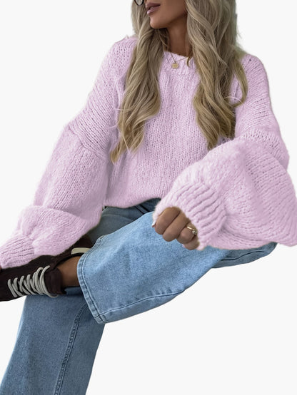 Women's knitted sweater with balloon sleeves and loose fit – fashionable casual look for autumn & winter