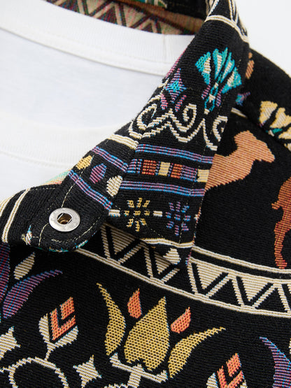 Men's casual long-sleeve shirt, patterned, ethnic print, beige