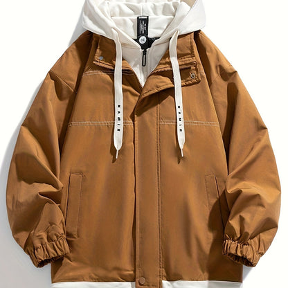Unisex transitional jacket with hood and zipper, two-in-one look, black/brown