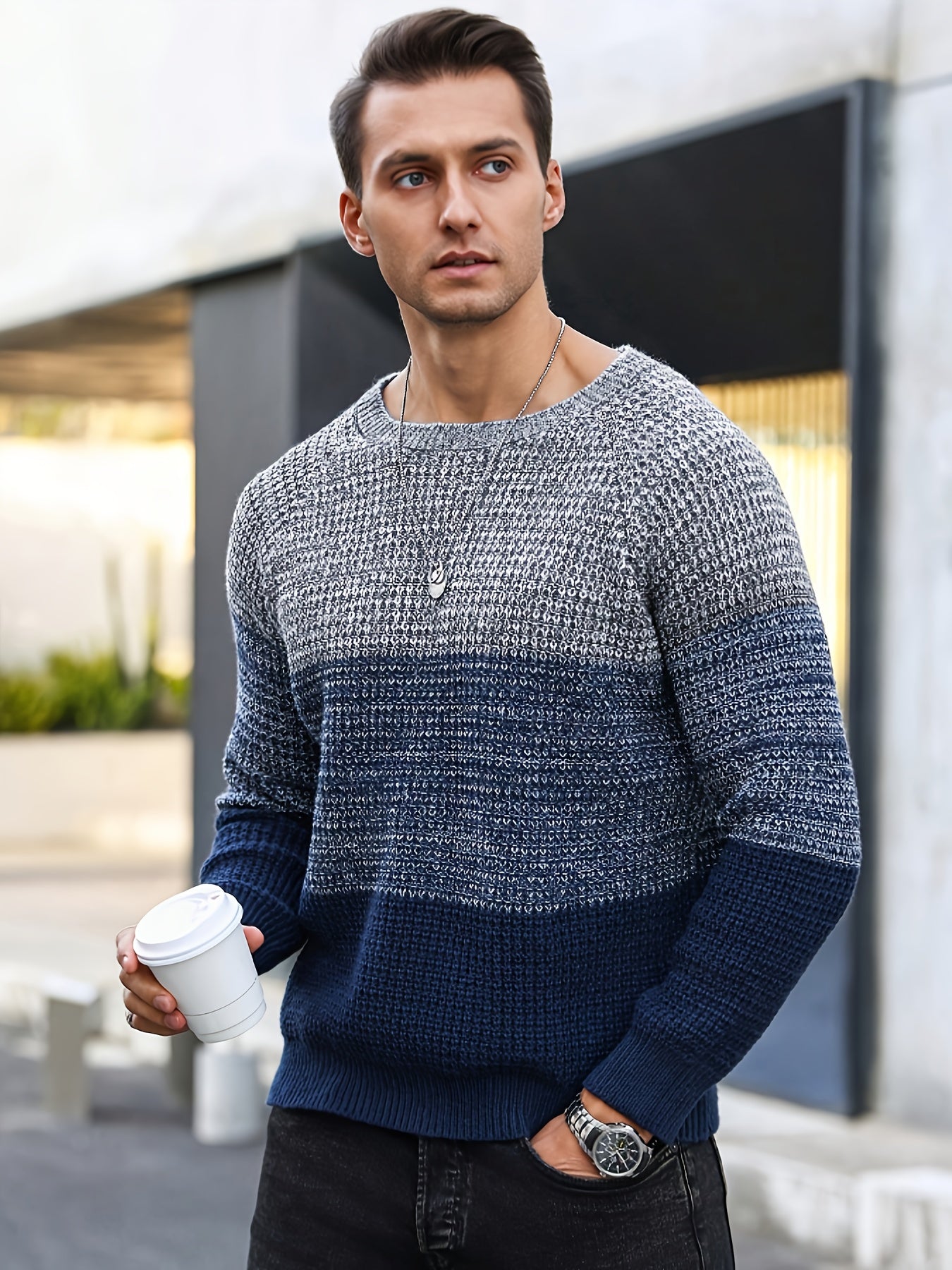Herren Grobstrickpullover Rundhals Mehrfarbig Gestreift Langarm
