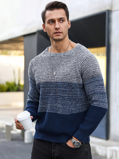 Herren Grobstrickpullover Rundhals Mehrfarbig Gestreift Langarm