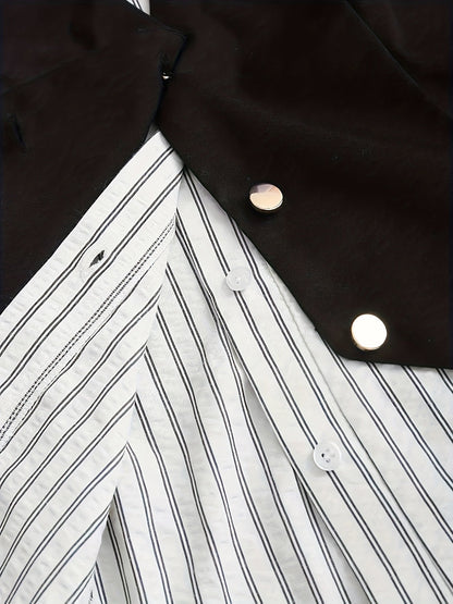 Women's striped black-and-white blouse and vest set