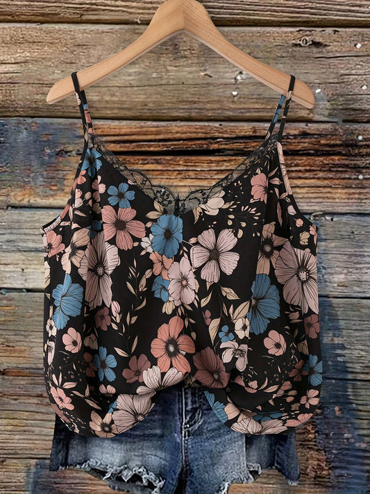 Women's summer top with floral pattern and lace trim, casual spaghetti strap tank top