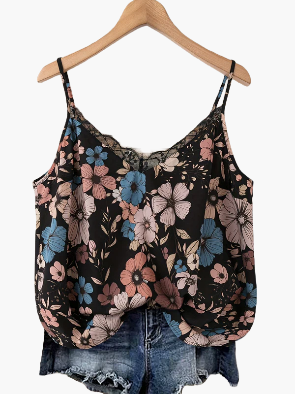 Women's summer top with floral pattern and lace trim, casual spaghetti strap tank top