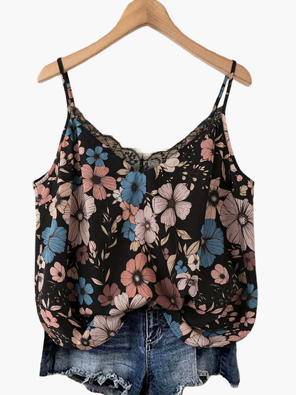 Women's summer top with floral pattern and lace trim, casual spaghetti strap tank top