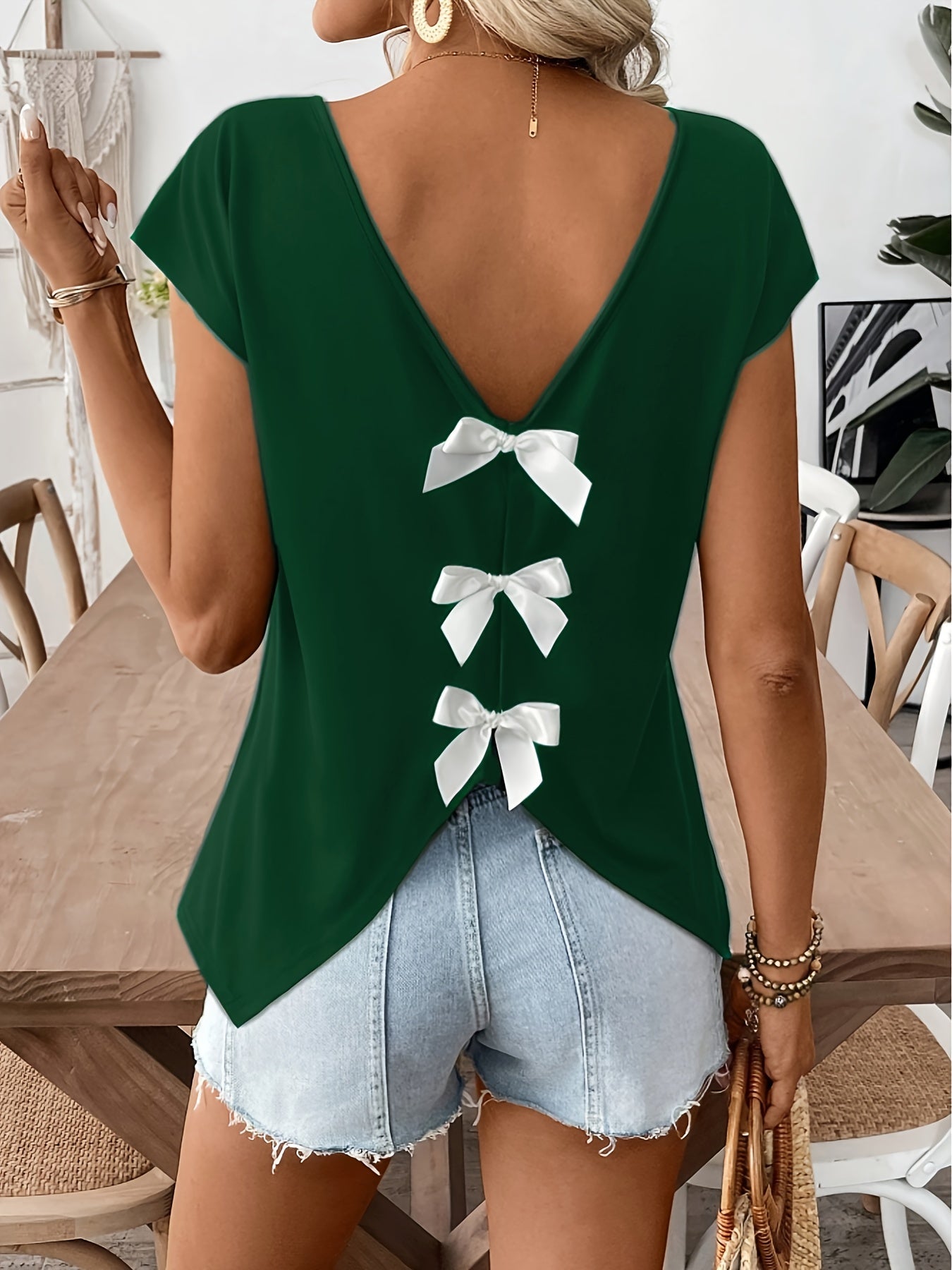 Women's Shirt with Back Cutout and Bows – Fashionable Casual Top for Spring & Summer
