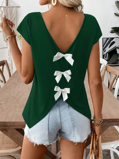 Women's Shirt with Back Cutout and Bows – Fashionable Casual Top for Spring & Summer