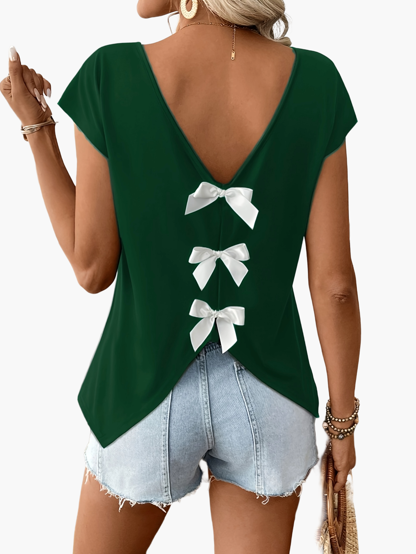 Women's Shirt with Back Cutout and Bows – Fashionable Casual Top for Spring & Summer