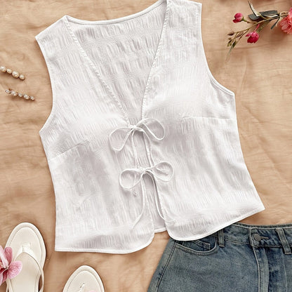 Women's sleeveless vest with tie and crinkle look – Boho streetwear for leisure & vacation