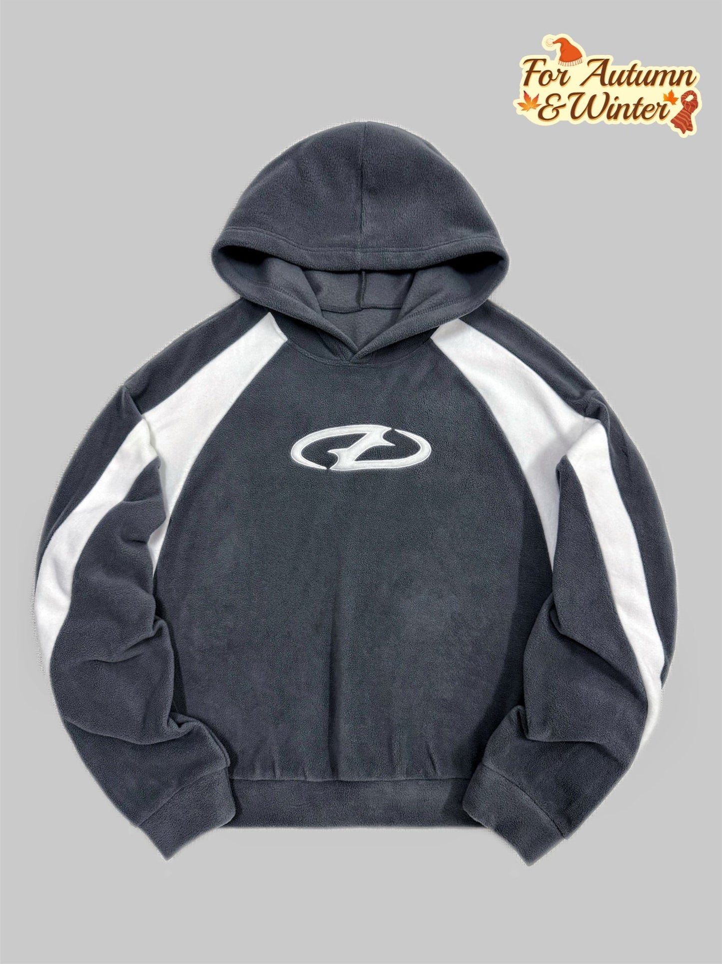 Gray fleece hoodie with logo and white stripes