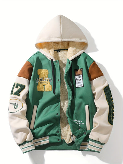 Unisex college-style hooded jacket in green and beige with fleece lining