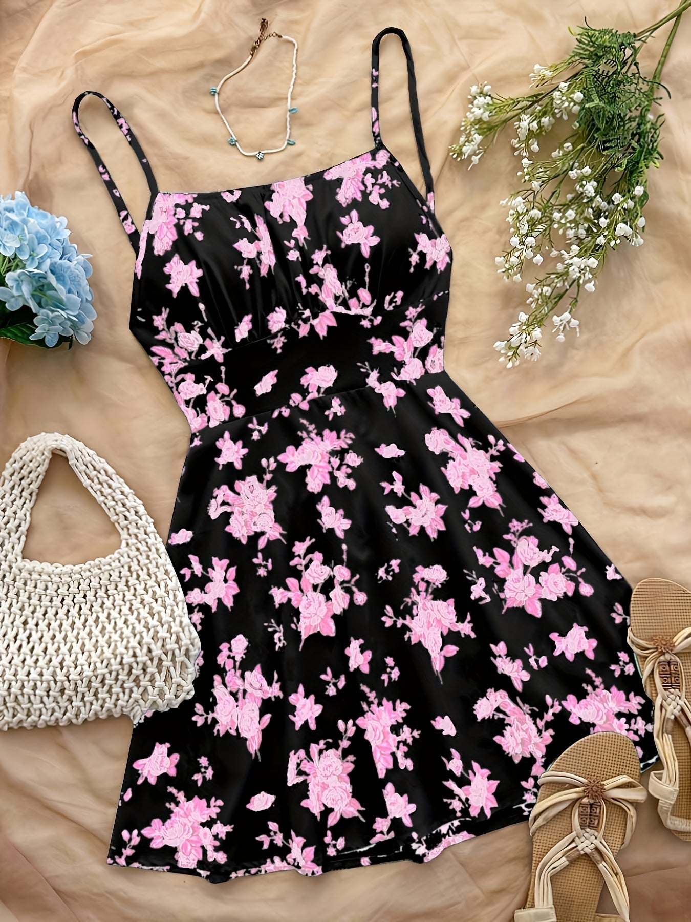 Women's Summer Mini Dress with Floral Pattern – Playful Casual Dress for Vacation & Everyday Wear