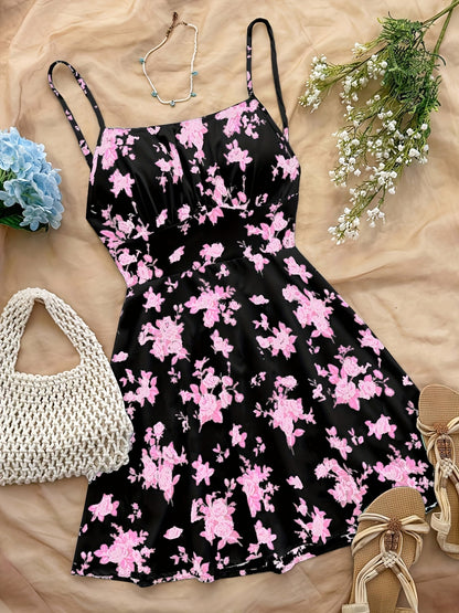 Women's Summer Mini Dress with Floral Pattern – Playful Casual Dress for Vacation & Everyday Wear