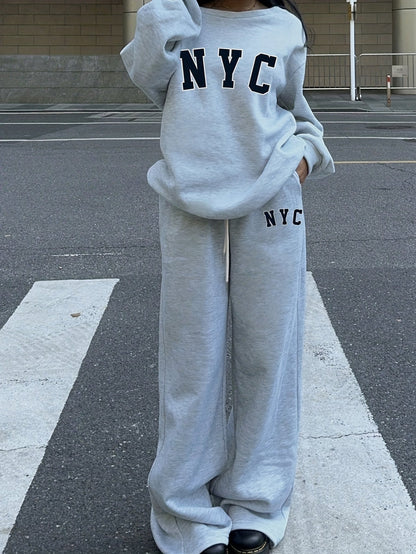 Gray women's tracksuit, wide-leg, “NYC” print, oversized fit
