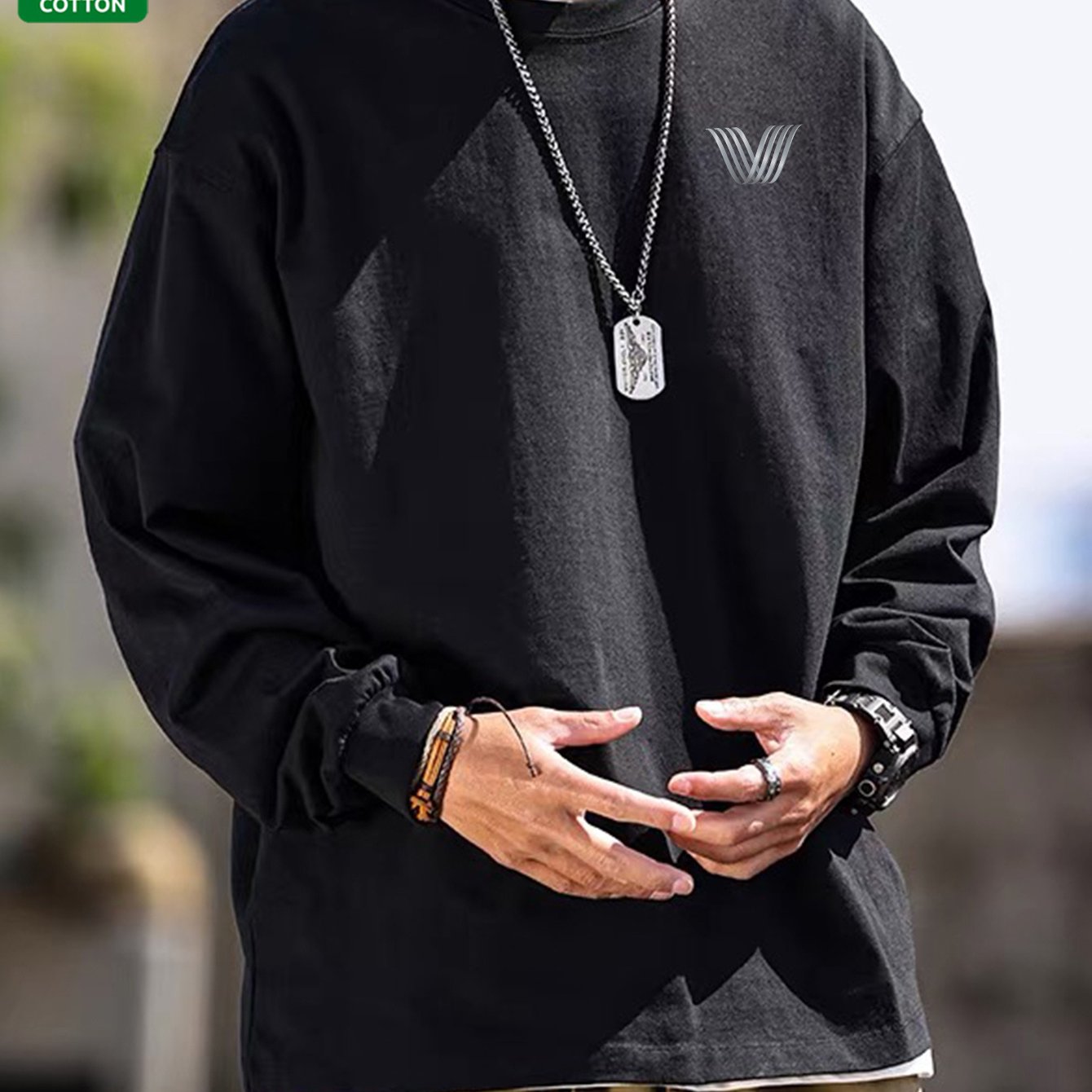 Men's long-sleeve crew-neck casual T-shirt, solid color with logo