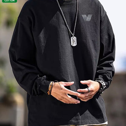 Men's long-sleeve crew-neck casual T-shirt, solid color with logo