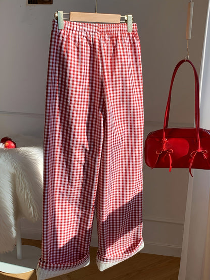 Karierte Loungehose Damen Rot Weiß Bequem Gefüttert
