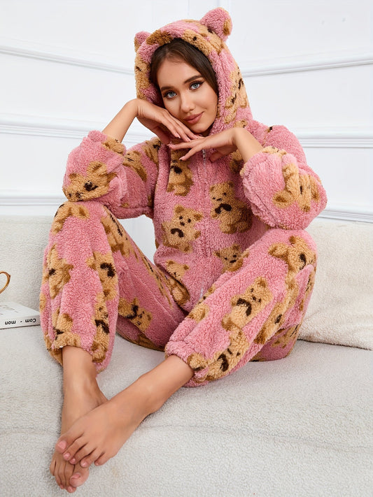 Women's fluffy sleep jumpsuit with zipper, hood, and bear pattern