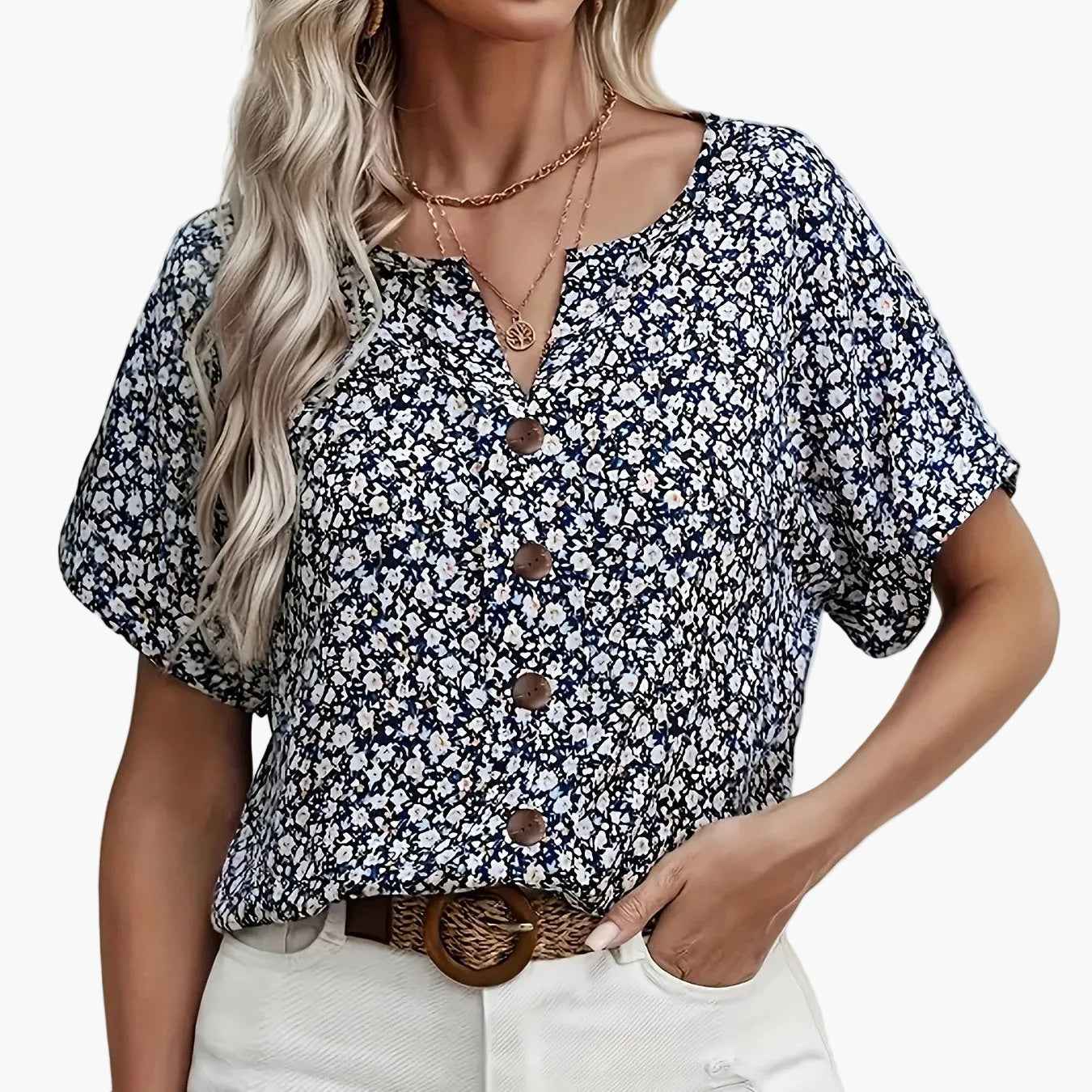Women's Short-Sleeve Blouse with Floral Pattern and Button Placket – Elegant Summer Fashion for Everyday & Leisure