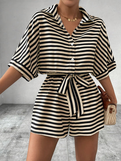 Women's short-sleeve jumpsuit with stripe pattern for leisure and summer