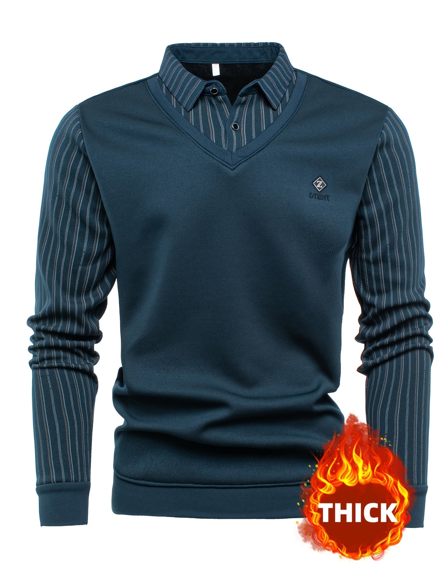 Men's long-sleeve shirt with a V-neck, sweater-style look, and striped sleeves