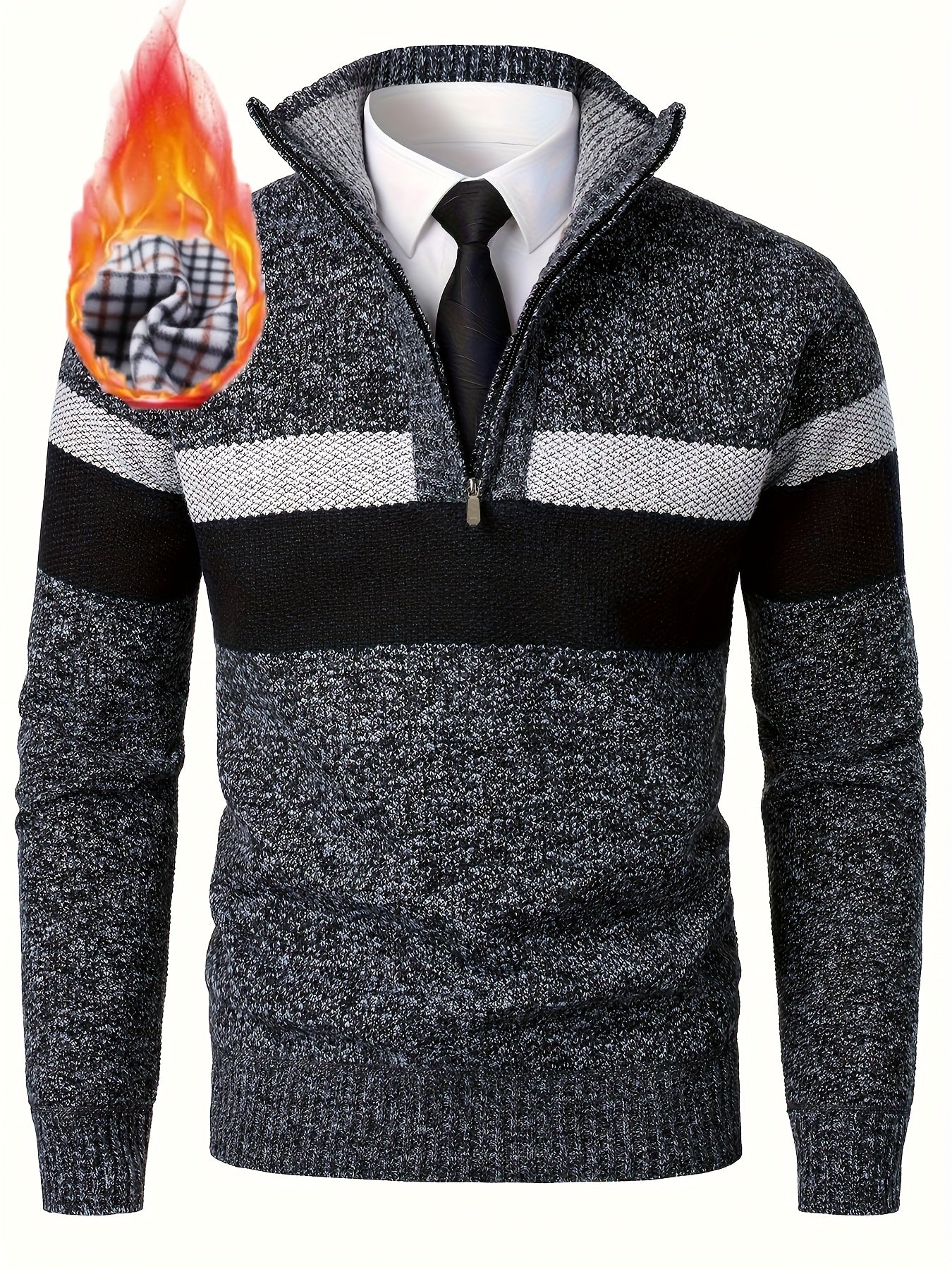 Men's knitted sweater with a stand-up collar and zipper, striped, softly lined inside