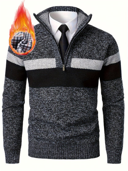 Men's knitted sweater with a stand-up collar and zipper, striped, softly lined inside