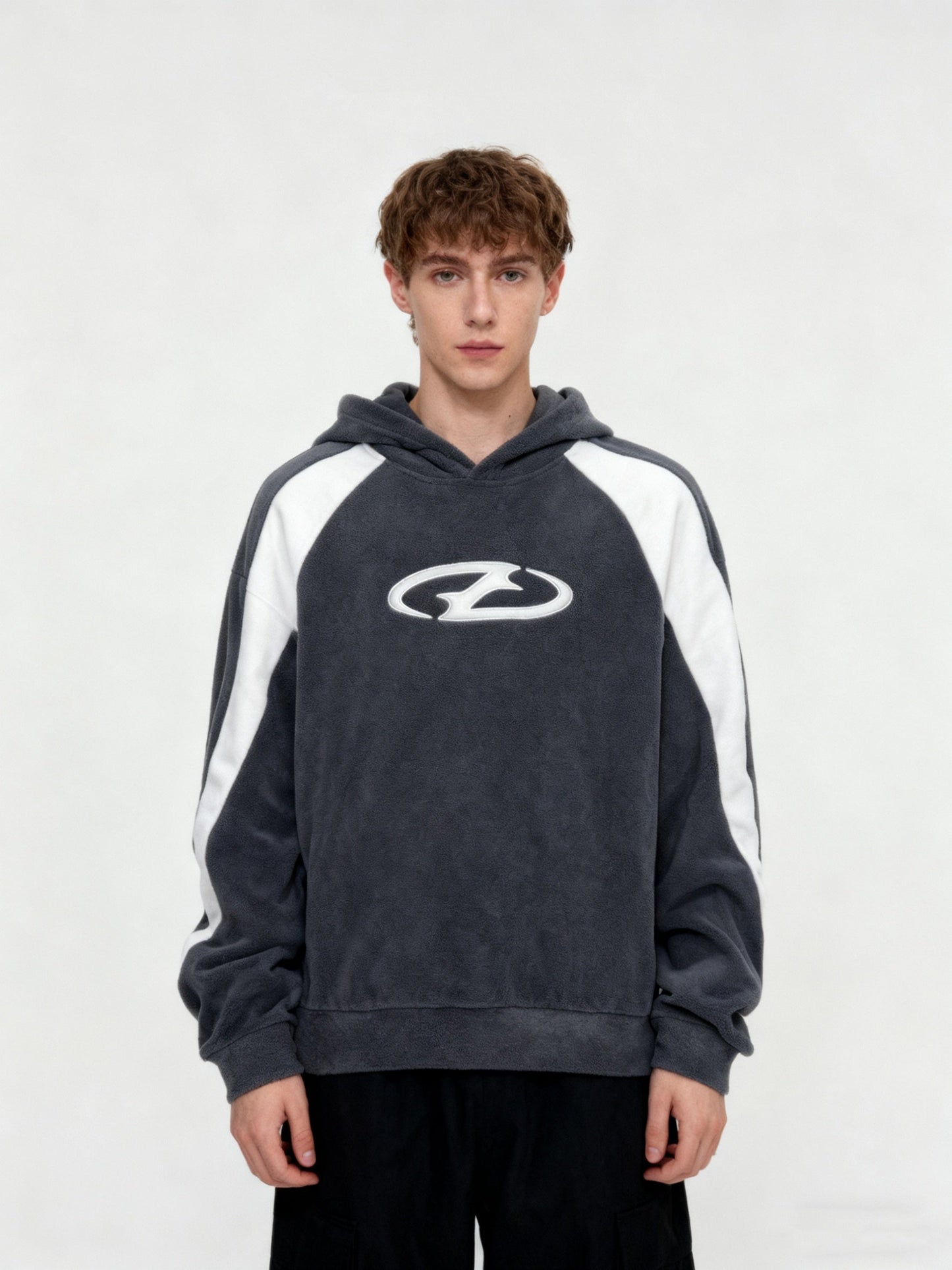 Gray fleece hoodie with logo and white stripes
