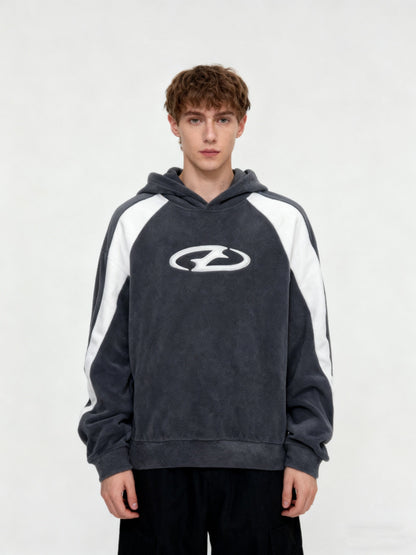 Gray fleece hoodie with logo and white stripes