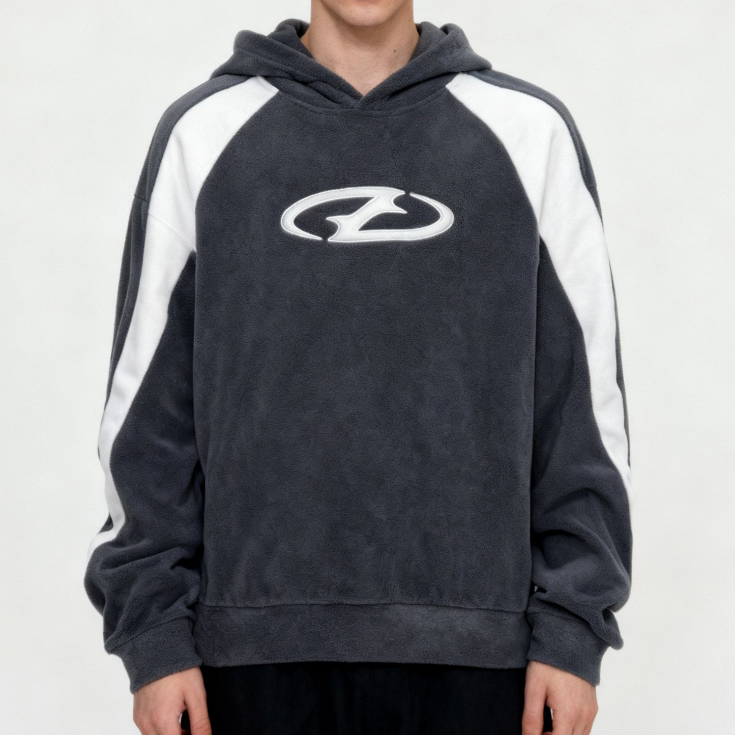 Gray fleece hoodie with logo and white stripes