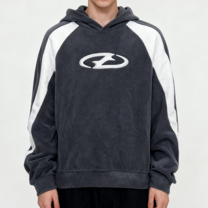 Gray fleece hoodie with logo and white stripes