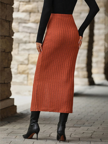Women's ribbed knit midi skirt with button placket and slit