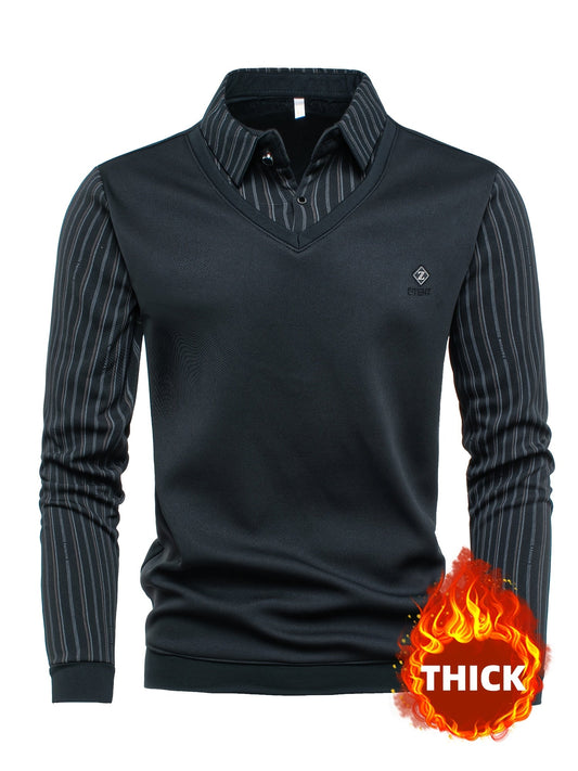 Men's long-sleeve shirt with a V-neck, sweater-style look, and striped sleeves