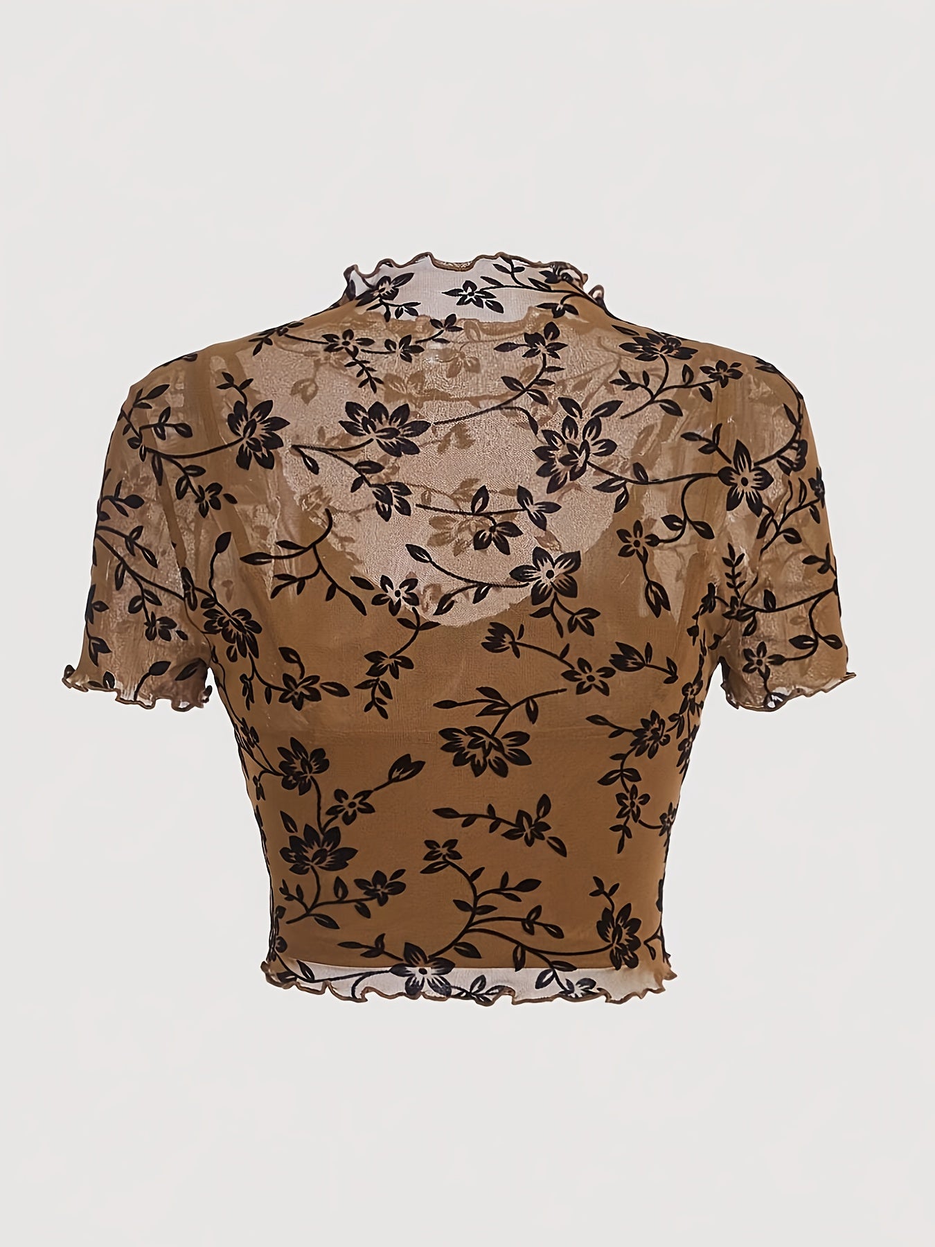 Women's Elegant Crop Top with Floral Pattern and Stand-up Collar – Transparent Mesh for Spring and Summer