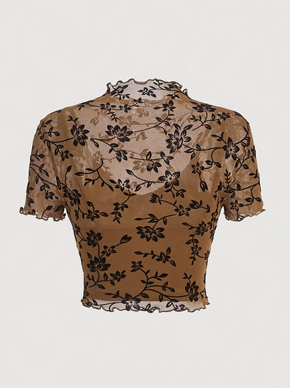 Women's Elegant Crop Top with Floral Pattern and Stand-up Collar – Transparent Mesh for Spring and Summer