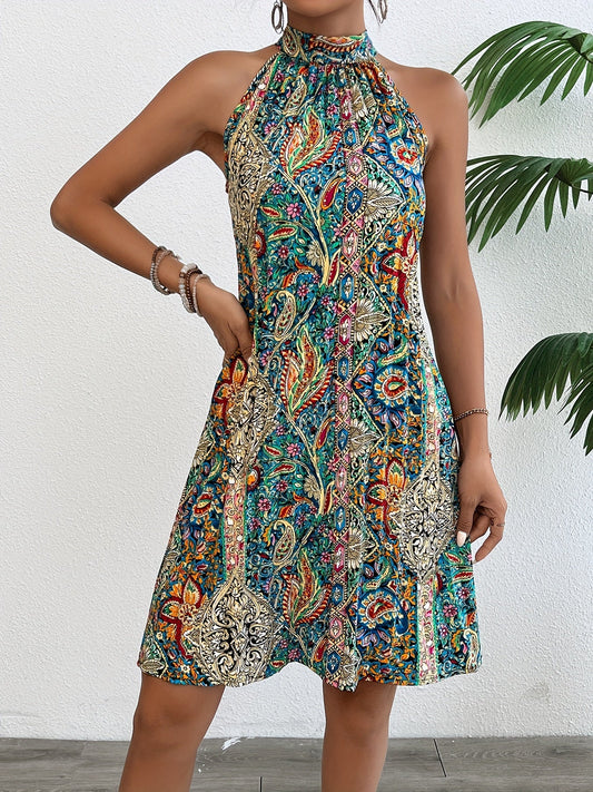 Damen Sommerkleid Elegant mit Boho-Muster und Neckholder – Freizeit- & Ausgehkleid