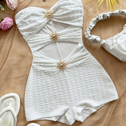 Women's Retro-Style Swimsuit with Leopard Print and Cut-Out Design – Fashionable Bandeau Swimsuit for Summer