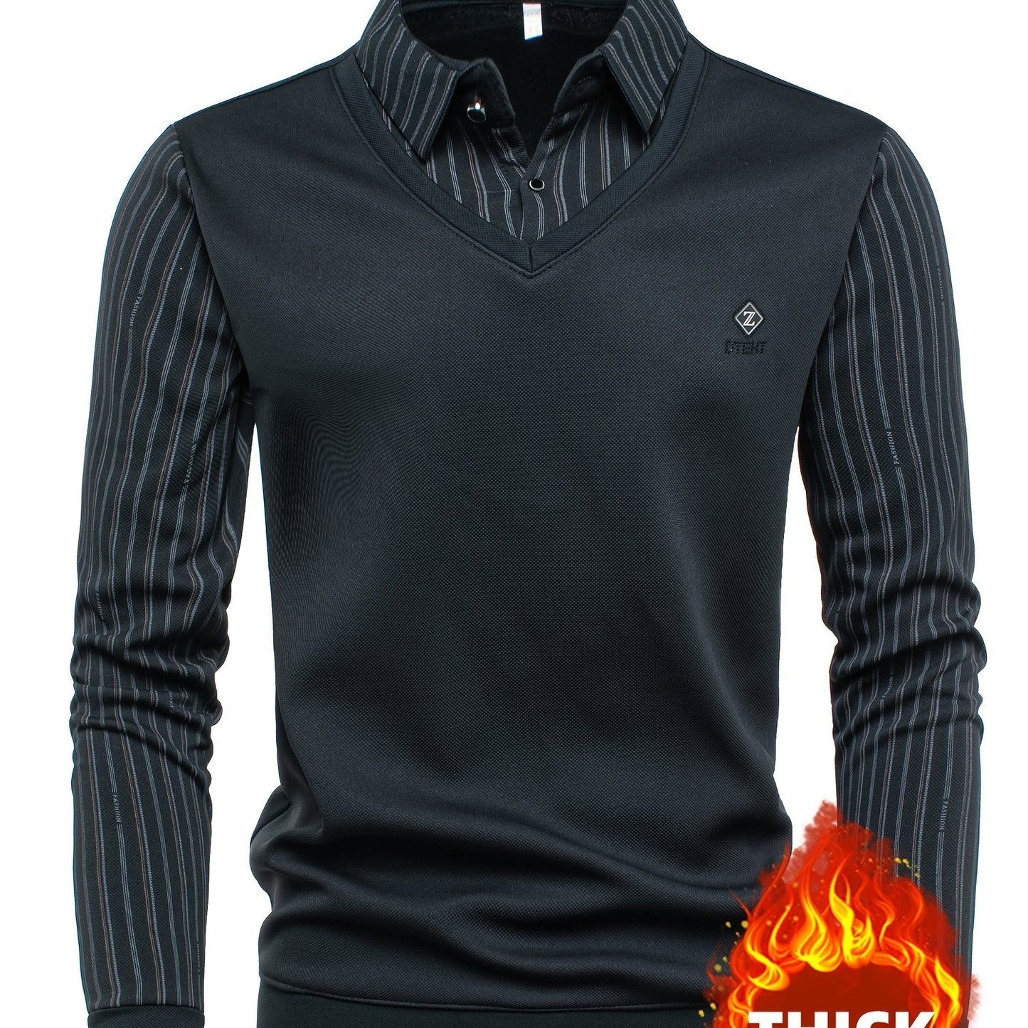 Men's long-sleeve shirt with a V-neck, sweater-style look, and striped sleeves