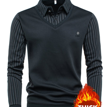 Men's long-sleeve shirt with a V-neck, sweater-style look, and striped sleeves