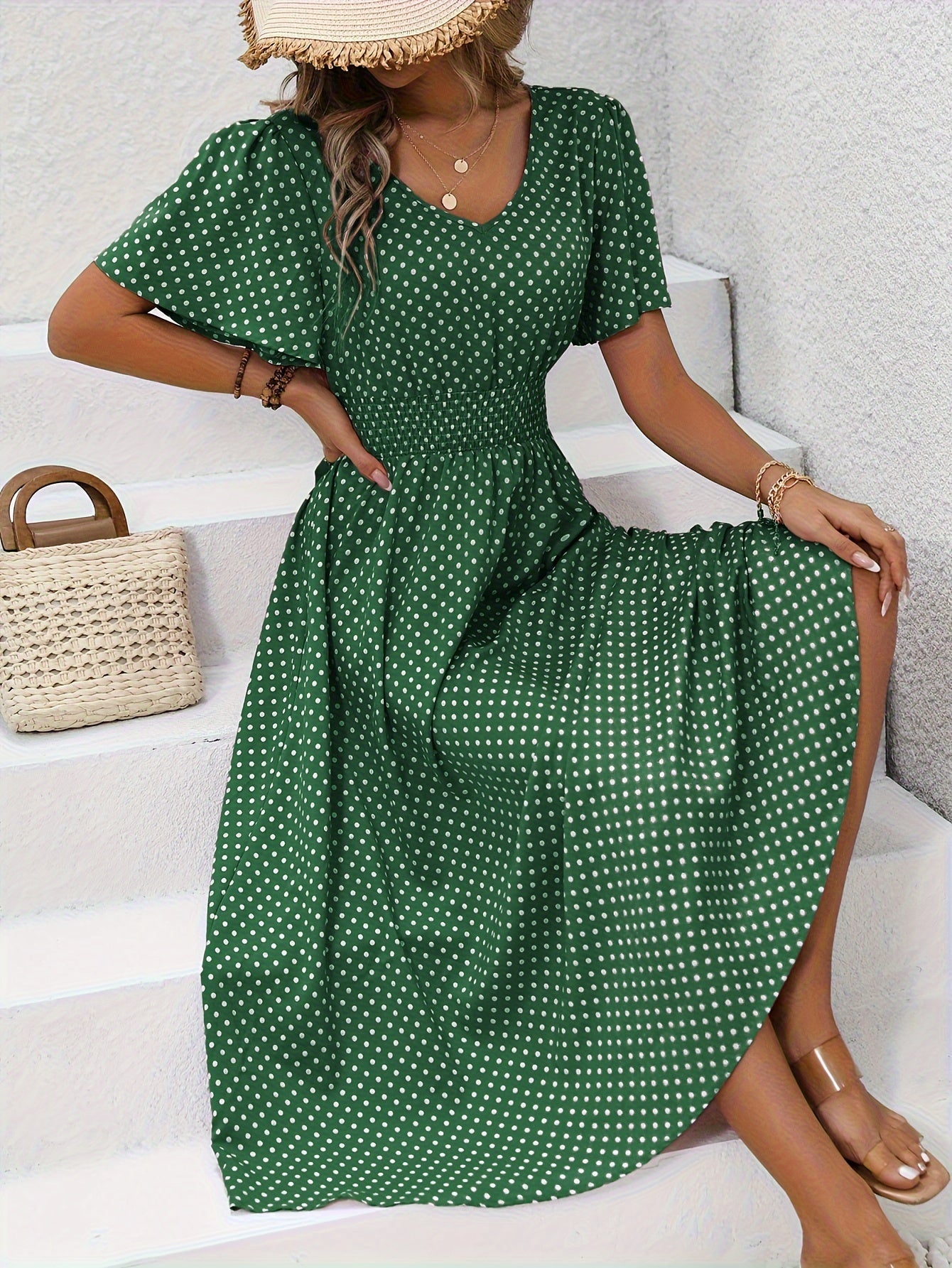 Women's Summer Polka Dot Maxi Dress with Short Sleeves and V-Neck – Casual & Vacation