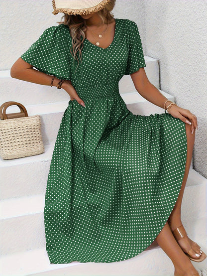 Women's Summer Polka Dot Maxi Dress with Short Sleeves and V-Neck – Casual & Vacation