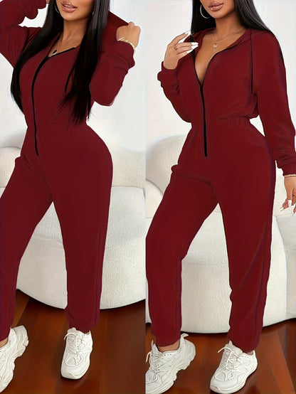 Women's jumpsuit with hood, zipper, and elastic waist