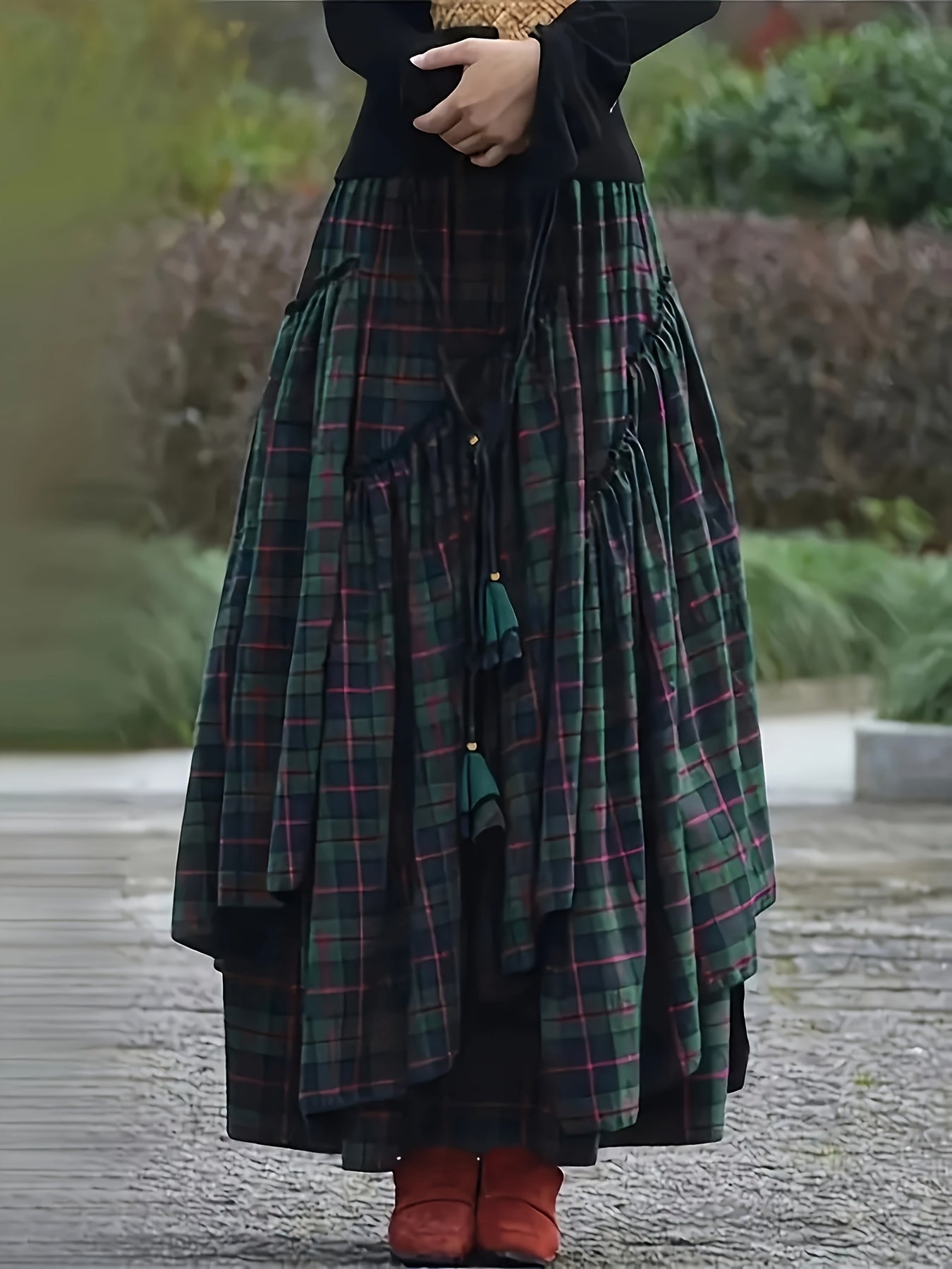 Damen Maxirock Plaid Schottenkaro Asymmetrisch Grün