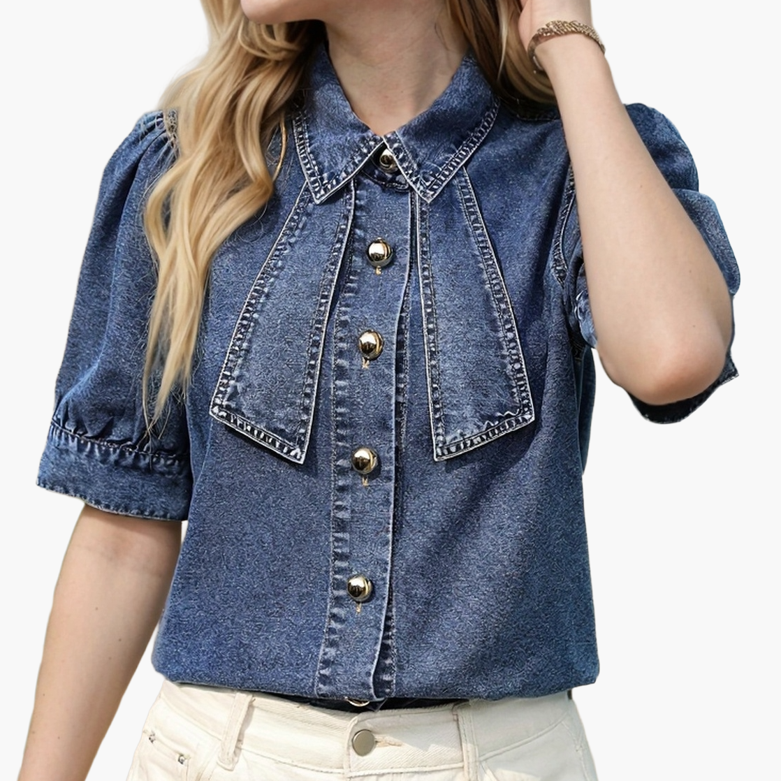 Women's Elegant Denim Blouse with Short Sleeves and Statement Collar – Perfect for Spring and Summer