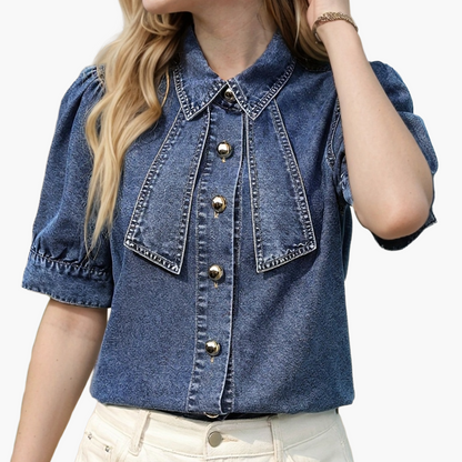 Women's Elegant Denim Blouse with Short Sleeves and Statement Collar – Perfect for Spring and Summer
