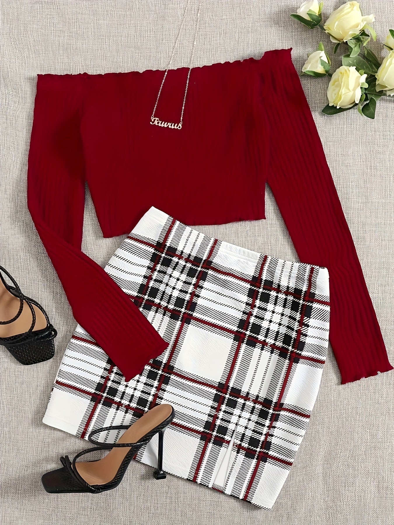 Women's Set Elegant Off-Shoulder Top and Plaid Mini Skirt – Perfect for Spring & Summer