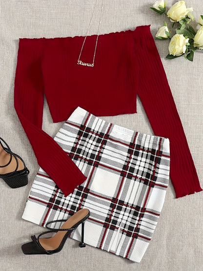 Women's Set Elegant Off-Shoulder Top and Plaid Mini Skirt – Perfect for Spring & Summer