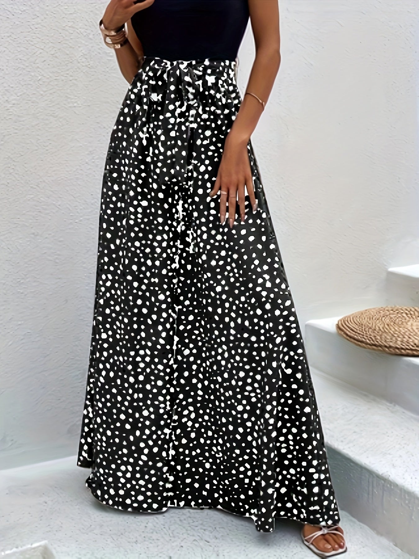 Women's Wide Palazzo Pants with Dots and Tie Belt – Elegant Spring and Summer Style