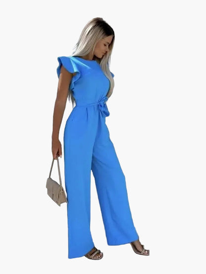 Damen Jumpsuit Elegant mit Volantärmeln und Taillengürtel – Modischer Einteiler für Büro, Freizeit & Ausgehen