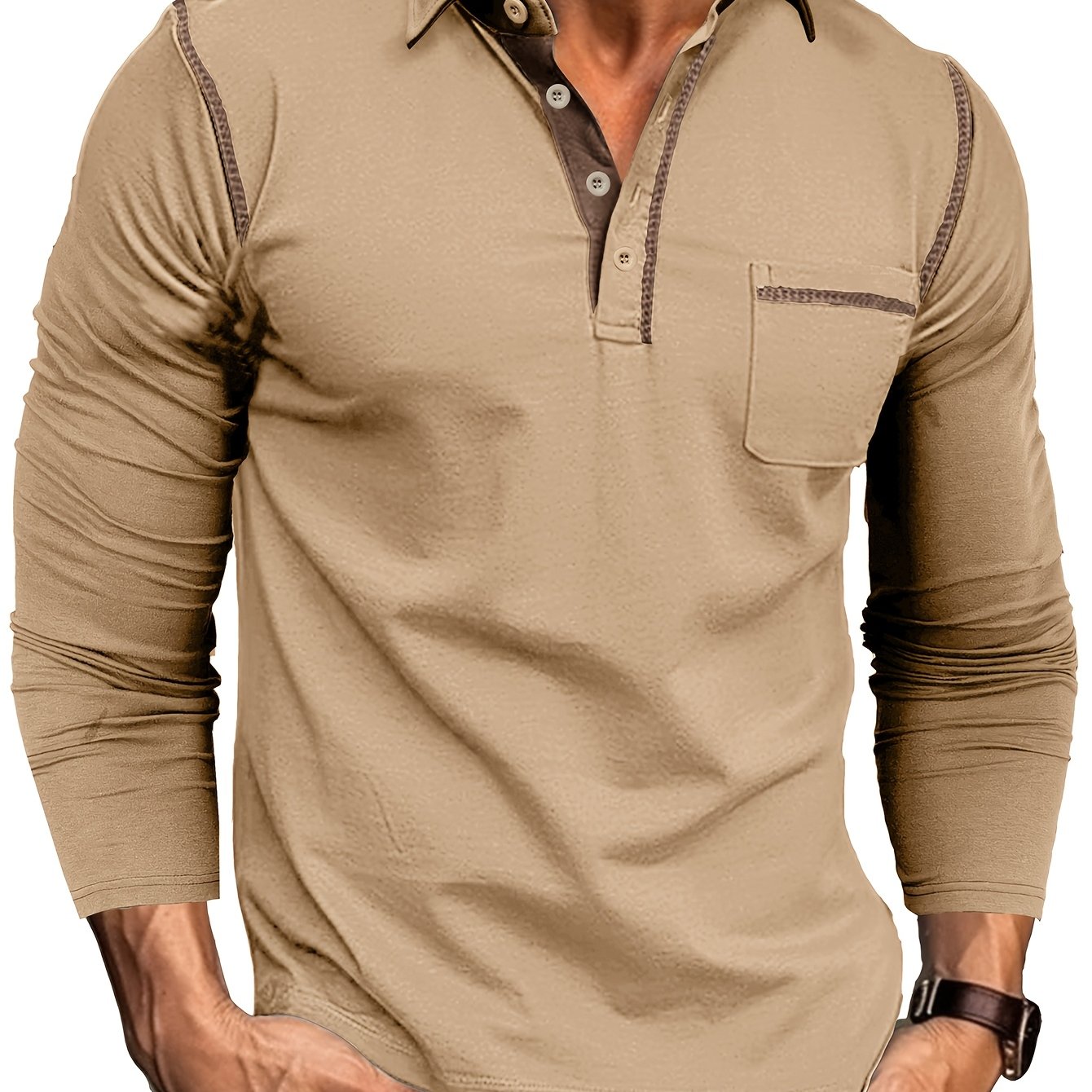 Men's long-sleeve polo shirt with chest pocket and contrast stitching